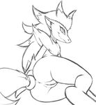  anthro anus breasts butt evilymasterful female greyscale hair monochrome nintendo nude pok&eacute;mon pussy sketch smile solo video_games zoroark 