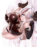  asymmetrical_gloves black_gloves blue_eyes bottomless breasts draph fingerless_gloves gloves granblue_fantasy hair_ornament hair_over_one_eye heart heart-shaped_pupils horns large_breasts long_hair looking_at_viewer lying narmaya_(granblue_fantasy) no_panties on_back on_bed parted_lips pointy_ears pussy_juice razu_(rus) shiny shiny_skin signature smile solo symbol-shaped_pupils 