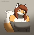  2017 anthro bare_shoulders breasts brown_eyes brown_hair canine cleavage clothed clothing corporalbackrubs digital_media_(artwork) dipstick_tail female fox fur hair hi_res long_hair looking_at_viewer mammal multicolored_fur multicolored_tail orange_fur shirt simple_background smile solo two_tone_fur white_fur 