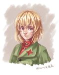  blonde_hair blue_eyes girls_und_panzer green_jacket highres jacket katyusha longmei_er_de_tuzi nose pravda_school_uniform red_shirt russia school_uniform shirt short_hair sketch turtleneck 