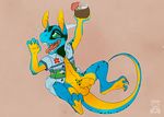  2015 3_toes 4_fingers alcohol anthro balls beverage bottomless circumcised clothed clothing dactyl_(damaratus) digital_media_(artwork) drunk front_view half-erect hi_res horn humanoid_penis kobold korichi looking_away male multicolored_body open_mouth open_shirt penis pina_colada raised_arm reclining scalie sharp_teeth shirt signature simple_background solo spots teeth toes tongue tongue_out 