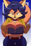  2017 anthro big_breasts blue_hair breast_squish breasts canine carmelita_fox clothed clothing ear_piercing female fox hair kojiro-brushard mammal piercing sly_cooper_(series) smile solo video_games 