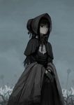  akemi_homura bangs black_bow black_dress black_gloves black_hair black_ribbon bloodborne bonnet bow capelet closed_mouth commentary_request cosplay dress expressionless flower fringe_trim gloves grey_sky hands_together long_dress long_hair looking_at_viewer mahou_shoujo_madoka_magica outdoors pale_skin plain_doll plain_doll_(cosplay) purple_eyes ribbon silverxp sketch skirt solo standing 