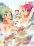  :d =_= ahoge armpits arms_up bird blue_eyes blush breasts chestnut_mouth crossed_legs duck green_hair highres idolmaster idolmaster_million_live! kaiga long_hair maihama_ayumu medium_breasts multicolored_hair multiple_girls nonohara_akane nude onsen open_mouth partially_submerged pink_eyes pink_hair ponytail shimabara_elena smile steam water 