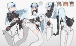  4girls ? aiming_at_viewer ass bangs bent_over blunt_bangs blush bodysuit breasts brown_hair cropped_legs facial_mark g11_(girls&#039;_frontline) girls&#039;_frontline green_eyes grey_hair gun hair_ornament handgun heart highres hk416_(girls&#039;_frontline) hk416_(midnight_evangelion)_(girls&#039;_frontline) holding holding_gun holding_weapon kneeling large_breasts long_hair looking_at_viewer multiple_girls multiple_views one_eye_closed pistol silver_hair simple_background torn_bodysuit torn_clothes trove twintails ump45_(girls&#039;_frontline) ump9_(girls&#039;_frontline) weapon white_background 