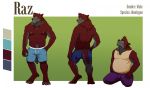  2018 4_toes 5_fingers anthro barefoot belly biped black_claws black_nose blue_clothing blue_eyes body_hair border boxers_(clothing) brown_fur brown_tail bulge character_name claws clothed clothing color_swatch countershade_arms countershade_face countershade_legs countershade_tail countershading digital_drawing_(artwork) digital_media_(artwork) digitigrade ears_back english_text eyewear fangs fingerless_(marking) front_view frown full-length_portrait fur fur_tuft glasses green_background grey_countershading grey_fur grey_tail hand_on_hip happy_trail head_tuft hemicyon inner_ear_fluff kneeling lighting looking_back looking_up male mammal model_sheet multicolored_fur multiple_poses musclegut muscular muscular_male navel neck_tuft nipples open_mouth open_smile orange_clothing overweight overweight_male pecs pince-nez pink_nipples pink_tongue portrait pose purple_clothing raz_(appendingfic) rear_view rsotot shadow shirt shorts simple_background smile snout solo species_name standing tank_top text toe_claws toes tongue topless tuft two_tone_claws two_tone_fur two_tone_tail underwear ursine white_border yellow_claws 