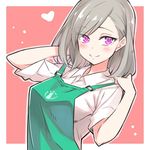  apron blush character_request copyright_request employee_uniform eyebrows_visible_through_hair green_apron grey_hair looking_at_viewer minoa_(lastswallow) purple_eyes short_hair short_sleeves smile solo uniform 