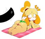  2017 animal_crossing anthro beady_eyes big_butt bikini blush butt canine clothing cute digital_media_(artwork) dog duo female hairband hi_res isabelle_(animal_crossing) lying mammal nintendo on_front open_mouth pawpads paws shih_tzu short_stack simple_background slightly_chubby sssonic2 surprise swimsuit thick_thighs video_games white_background wide_eyed wide_hips 