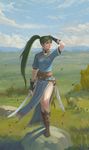  boots brown_footwear day fire_emblem fire_emblem:_rekka_no_ken full_body gloves grass green_hair highres holding holding_sword holding_weapon knee_boots long_hair lyndis_(fire_emblem) outdoors ponytail short_sleeves solo sword weapon yagaminoue 