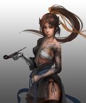  absurdres arm_tattoo asymmetrical_clothes bare_shoulders black_hair black_legwear black_panties blue_ribbon breasts brown_eyes collarbone contrapposto cowboy_shot dragon_tattoo eyelashes genderswap genderswap_(mtf) gradient gradient_background hadanugi_dousa hair_ribbon hanzo_(overwatch) high_ponytail highres holding holding_pipe japanese_clothes lips long_hair looking_at_viewer mechanical_arm medium_breasts one_breast_out overwatch panties pipe ponytail ribbon sarashi sash shin_gurren side-tie_panties side_slit solo standing tattoo thighhighs underwear yellow_ribbon 