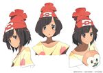  angry anime_coloring beanie black_hair brown_eyes closed_mouth collarbone deviantart_username expressions facebook_username frown gen_7_pokemon hat highres horiguchi_yukiko_(style) looking_at_viewer mizuki_(pokemon) multiple_views pokemon pokemon_(creature) pokemon_(game) pokemon_sm red_hat rowlet shirt short_hair short_sleeves simple_background smile tom_skender twitter_username white_background yellow_shirt 