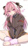  alternate_costume astolfo_(fate) barefoot black_bow blush bow crossed_legs fate/apocrypha fate_(series) hair_between_eyes hair_down heart highres long_hair looking_at_viewer male_focus open_mouth otoko_no_ko pink_hair shisei_(kyuushoku_banchou) simple_background sitting smile solo white_background 