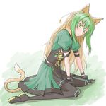  1girl animal_ears archer_of_red belt blush boots brown_hair fate/apocrypha fate_(series) gloves green_eyes long_hair multicolored_hair skirt tail thigh_boots 