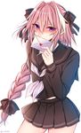  astolfo_(fate) black_bow black_serafuku blush bow braid covering_mouth fate/apocrypha fate_(series) hair_bow hair_ribbon highres letter long_hair looking_at_viewer love_letter male_focus otoko_no_ko pink_hair pleated_skirt purple_eyes ribbon school_uniform serafuku shisei_(kyuushoku_banchou) single_braid skirt solo 