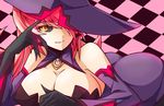  1girl arc_system_works ass bare_shoulders black_sclera blazblue blazblue:_central_fiction breasts cleavage detached_sleeves dress gloves hair_over_one_eye hat huge_breasts konoe_a_mercury long_hair looking_at_viewer lying lyn_(shunao) on_stomach orange_eyes pink_hair short_dress smile solo witch_hat 