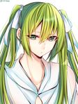  androgynous enkidu_(fate/strange_fake) fate/grand_order fate/strange_fake fate_(series) green_eyes green_hair hair_between_eyes hair_ribbon long_hair looking_at_viewer ribbon shisei_(kyuushoku_banchou) solo twintails twitter_username white_ribbon 