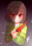  androgynous artist_name blinking blush brown_hair chara_(undertale) dayuh dust heart heart-shaped_pupils heart_necklace jewelry knife long_sleeves looking_at_viewer necklace red_eyes short_hair smile solo spoilers striped striped_sweater sweater symbol-shaped_pupils tareme undertale upper_body 