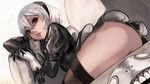  ass black_dress black_gloves black_hairband brown_eyes couch death_is_13 derivative_work dress eyelashes feather-trimmed_sleeves gloves hair_between_eyes hairband juliet_sleeves lips long_sleeves looking_at_viewer mole mole_under_mouth nier_(series) nier_automata no_blindfold parted_lips pink_lips puffy_sleeves short_hair silver_hair skirt solo thighhighs thighs vambraces yorha_no._2_type_b 