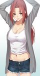  arms_up bangs breasts brown_eyes cleavage cowboy_shot crop_top denim denim_shorts gradient gradient_background grey_jacket highres jacket large_breasts lips long_hair midriff mole mole_under_mouth navel original parted_bangs ponytail red_hair shiny shiny_skin shirt shorts solo thighs tight_(ohmygod) white_shirt 