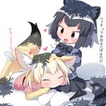  :3 =3 animal_ears black_gloves black_hair black_legwear black_skirt blonde_hair bow bowtie brown_eyes check_commentary closed_eyes commentary commentary_request common_raccoon_(kemono_friends) elbow_gloves fang fennec_(kemono_friends) fox_ears fox_tail gloves grey_hair hand_on_another's_head heart highres kemono_friends lying lying_on_lap makuran multicolored_hair multiple_girls on_stomach open_mouth raccoon_ears raccoon_tail seiza short_hair sitting skirt smile socks tail translated yellow_gloves 