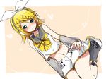  arm_warmers bare_shoulders blonde_hair blush bow detached_sleeves dutch_angle embarrassed fortissimo full_body hair_bow hair_ornament hairclip headphones headset heart heart_background heart_of_string kagamine_rin kagamine_rin_(vocaloid4) kneeling leg_warmers midriff navel pink_background sailor_collar see-through shirt short_hair shorts sitting sketch sleeveless sleeveless_shirt speaker sudachi_(calendar) v4x vocaloid 