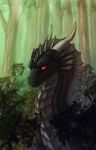  curved_horn day detailed_background dragon horn keltaan male outside red_eyes scalie smooth_horn solo spines tree western_dragon 