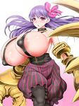  absurdres ahegao8 bare_shoulders bow breasts claws collar covered_nipples fate/extra fate/extra_ccc fate_(series) gigantic_breasts gradient gradient_background hair_bow hair_ribbon highres huge_nipples long_hair pantyhose parted_lips passion_lip pink_background pink_eyes purple_hair ribbon simple_background solo strap white_background 