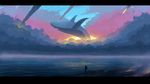  bad_id bad_pixiv_id cloud dog fantasy flying_whale highres luye_yuan meteor meteor_shower ocean original scenery shooting_star silhouette sketch sky whale 