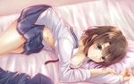  arigato_(rmskrtkdlqj) bangs blue_skirt blush breasts brown_eyes brown_hair closed_mouth collarbone from_above from_side katou_megumi long_sleeves lying medium_breasts navel on_bed on_side open_clothes open_shirt pillow pleated_skirt red_ribbon ribbon saenai_heroine_no_sodatekata school_uniform serafuku shirt short_hair skirt smile solo striped striped_skirt undone white_shirt 