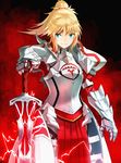  armor blonde_hair breastplate clarent fate/apocrypha fate_(series) faulds gauntlets green_eyes grin highres izumo_(ton_63) long_hair looking_at_viewer mordred_(fate) mordred_(fate)_(all) pauldrons pelvic_curtain ponytail smile solo sword weapon 