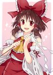  :d ascot bangs blush bow brown_hair detached_sleeves gohei hair_bow hair_tubes hakurei_reimu highres long_hair looking_at_viewer monrooru open_mouth red_bow red_eyes red_skirt ribbon-trimmed_sleeves ribbon_trim shide sidelocks skirt skirt_set smile solo sparkle touhou vest 