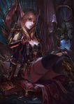  armor blonde_hair book breasts chenbo cleavage closed_mouth cushion elf gauntlets greaves green_eyes highres judgement_armor long_hair looking_at_viewer medium_breasts pointy_ears shoulder_armor sitting solo spaulders thighhighs warcraft world_of_warcraft 