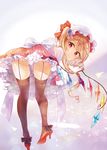  dress flandre_scarlet garter_straps hat hat_ribbon high_heels highres looking_at_viewer mob_cap moko_(3886397) panties petticoat red_dress red_eyes ribbon short_hair solo thighhighs touhou underwear upskirt white_panties wings 