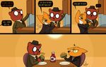  angus_(nitw) bear bedroom_eyes canine comic eyewear fangs food fox glasses gregg_(nitw) half-closed_eyes hat humor mammal necktie night_in_the_woods omny87 pun seductive 