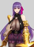  bangs bare_shoulders belt black_legwear blush breast_grab breasts claws commentary_request cowboy_shot eyebrows_visible_through_hair fate/extra fate/extra_ccc fate/grand_order fate_(series) grabbing hair_ribbon hayabusa highres huge_breasts long_hair looking_at_viewer o-ring o-ring_top pantyhose parted_lips passion_lip pink_eyes pink_ribbon purple_hair ribbon shorts solo_focus striped vertical-striped_shorts vertical_stripes very_long_hair 