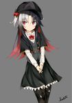  black_hair black_hat black_legwear bow eyebrows_visible_through_hair hair_bow hat kavka long_hair looking_away multicolored_hair pantyhose red_bow red_eyes red_hair ryuuou_no_oshigoto! solo two-tone_hair yashajin_ai 