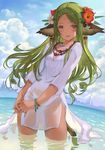  animal_ears breasts cloud cowboy_shot dark_skin day dress flower green_hair hair_flower hair_ornament hairclip interlocked_fingers jewelry long_hair looking_at_viewer nurumi open_mouth original outdoors red_eyes see-through sky small_breasts smile solo tail wading water wet wet_clothes white_dress 