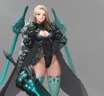  armor breasts cleavage cleavage_cutout closed_mouth daeho_cha earrings expressionless gauntlets green_legwear groin hand_on_hip highleg highleg_leotard highres jewelry large_breasts legs_apart leotard lips long_hair looking_at_viewer solo standing sword thighhighs weapon 
