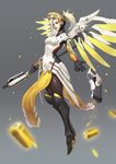  black_gloves blonde_hair boots breastplate breasts gloves gun handgun high_ponytail highres lips mechanical_halo mechanical_wings medium_breasts mercy_(overwatch) overwatch pantyhose parted_lips purple_eyes solo staff swiss_flag weapon wings yellow_wings yoon_lee 