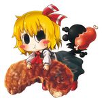  :t ascot blonde_hair blush_stickers boned_meat chamaji chewing chibi commentary_request eating food hair_ribbon hamburger_steak highres long_sleeves looking_at_viewer meat ribbon rumia shoes short_hair simple_background skirt skirt_set solo steam touhou vest white_background 