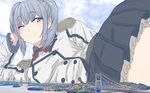  blush bridge day downscaled epaulettes frilled_skirt frilled_sleeves frills giantess grey_eyes grey_hair jacket jpeg_artifacts kantai_collection kashima_(kantai_collection) landscape long_hair lying military military_jacket military_uniform no_hat no_headwear on_side one_eye_closed pleated_skirt resized sidelocks silver_hair skirt smile solo twintails uniform uru_(uru0000) 