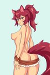  animal_ears artist_name ass back borrowed_character bracelet breasts grey_eyes highres jewelry long_hair looking_at_viewer looking_back medium_breasts ponytail purple_hair short_shorts shorts shorts_pull solo spiked_bracelet spikes tail topless typo_(requiemdusk) undressing whisker_markings wolf_ears wolf_tail 