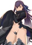  armor blue_eyes boots breasts crotch_plate fate/extra fate/extra_ccc fate_(series) hair_ribbon highres image_sample long_hair looking_at_viewer meltlilith navel purple_hair revealing_clothes ribbon simple_background solo thighhighs twitter_sample very_long_hair yatsuka_(846) 
