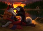  5_fingers anthro black_fur black_lips black_nose canine detailed_background digitigrade dog duo eyes_closed female fox fur grass husky kissing male mammal nude open_mouth orange_fur red_fur sitting teeth tongue water wolnir 