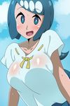  blue_eyes blue_hair blush breasts collarbone day flying_sweatdrops freckles hairband highres kani_club large_breasts long_hair looking_at_viewer mature pokemon pokemon_(anime) pokemon_sm_(anime) ribbon-trimmed_shirt shirt short_sleeves sky smile solo suiren's_mother_(pokemon) upper_body white_hairband 