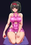  bare_shoulders black_eyes black_hair breasts choker cleavage covered_navel dress erika_(pokemon) gradient gradient_background hairband ishimiso_(ishimura) large_breasts latex_dress looking_at_viewer microdress panties pink_dress poke_ball poke_ball_(generic) pokemon pokemon_(game) pokemon_rgby seiza short_hair simple_background sitting solo underwear white_panties 