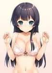  agano_(kantai_collection) black_hair blue_eyes blush bow bow_bra bra breasts collarbone commentary_request kantai_collection long_hair looking_at_viewer medium_breasts navel pink_bra solo takayaki underwear underwear_only upper_body 