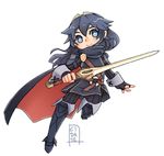  boots chibi falchion_(fire_emblem) fire_emblem fire_emblem:_kakusei full_body gloves holding holding_sword holding_weapon long_hair looking_at_viewer lucina smile solo sword transparent_background weapon 
