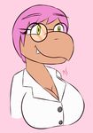  2016 big_breasts breasts bust_portriat cleavage clothed clothing eyewear fangs glasses green_eyes hair hi_res koopa koopa_troopa lab_coat magikoopa mario_bros nintendo nurrai_(character) pink_hair razorxshell reptile scalie scientist simple_background smile turtle video_games 