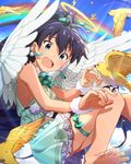  angel_wings barefoot bird blue_hair breasts card_(medium) character_name feet ganaha_hibiki halo idolmaster idolmaster_(classic) idolmaster_million_live! medium_breasts official_art open_mouth sideboob thigh_strap wings 
